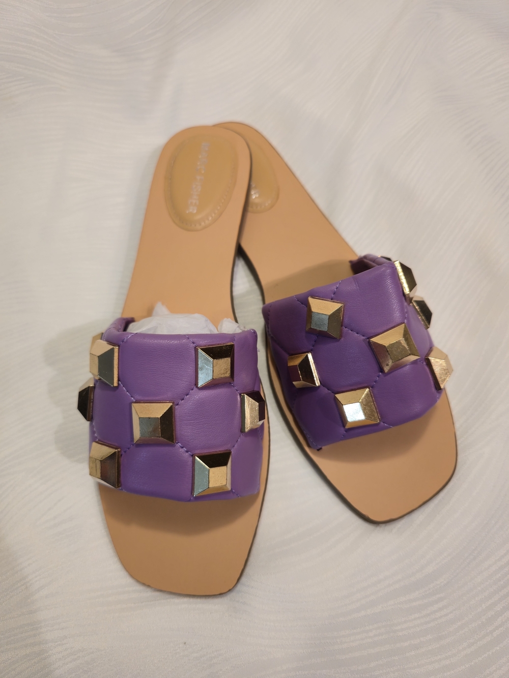 Marc Fisher Bamer sandals featuring a vibrant violet with Gold toned studded